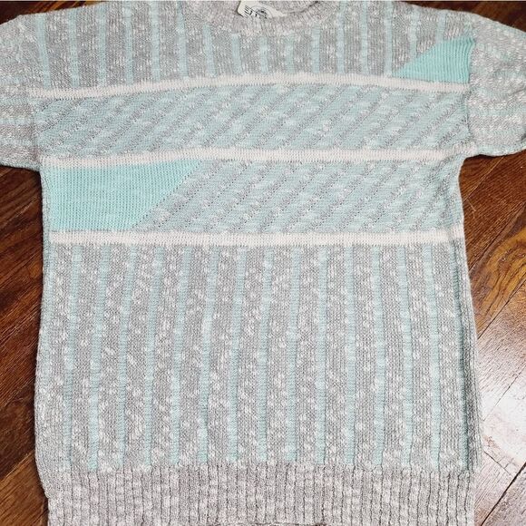 Vintage 80s 90s Mint Green Grey Striped Loose Knit Slouchy Sweater - Picture 10 of 12